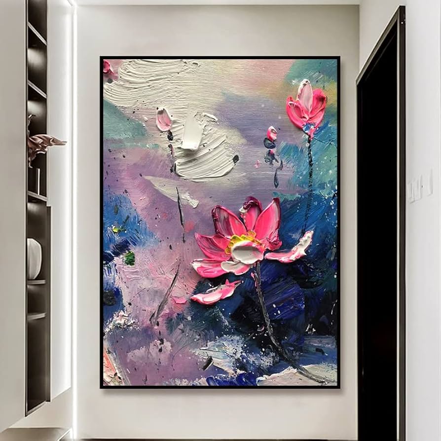油彩画　【花】　抽象 Amazon.com: Ecqizer 玄关手绘油画立体花卉抽象厚画客厅大幅装饰